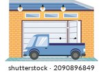 Garage with automatic gates. Vehicle storage space, room for cars inside house. Gates with lifting mechanism, place for automobile parking. Car near garage in modern residental building