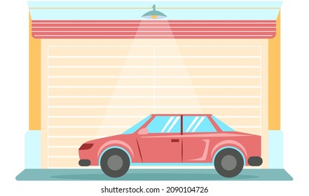 Garaje con puertas automáticas. Espacio de almacenamiento de vehículos, espacio para autos dentro de la casa. Puerta con mecanismo de elevación, lugar para estacionamiento para automóviles. Coche cerca del garaje en un edificio residencial moderno