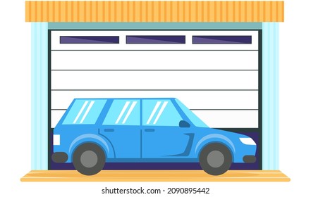 Garage with automatic gates. Vehicle storage space, room for cars inside house. Gates with lifting mechanism, place for automobile parking. Car near garage in modern residental building