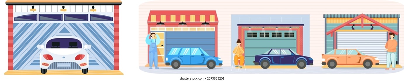 Garage with automatic gates. Vehicle storage space, room for cars inside house. Gates with lifting mechanism, place for automobile parking. Car near garage in modern residental building