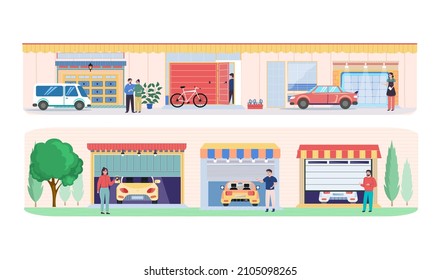 Garage with automatic gates. Vehicle storage space, room for cars inside house. Gates with lifting mechanism, place for automobile parking. Car near garage in modern residental building