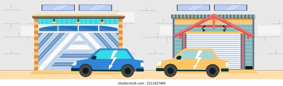 Garaje con puertas automáticas. Espacio de almacenamiento de vehículos, espacio para autos dentro de la casa. Puerta con mecanismo de elevación, lugar para estacionamiento para automóviles. Coche cerca del garaje en un edificio residencial moderno