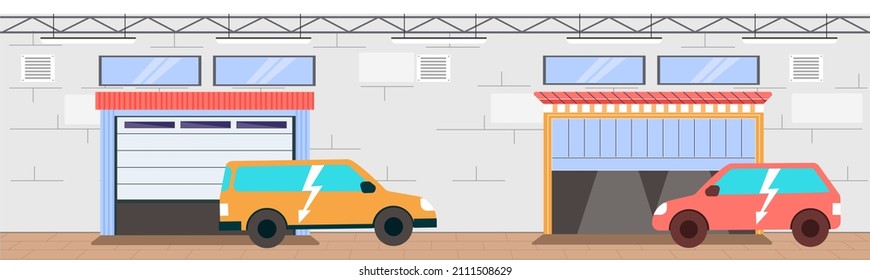 Garage with automatic gates. Vehicle storage space, room for cars inside house. Gates with lifting mechanism, place for automobile parking. Car near garage in modern residental building