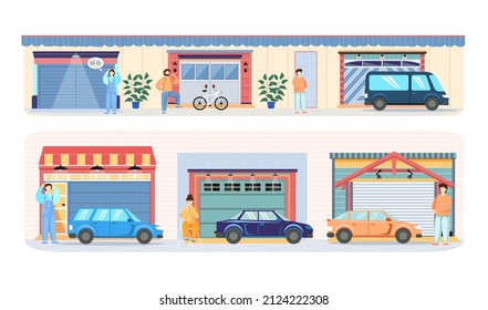 Garage with automatic gates. Vehicle storage space, room for cars inside house. Gates with lifting mechanism, place for automobile parking. Car near garage in modern residental building