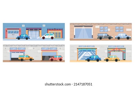 Garage with automatic gates. Vehicle storage space, room for cars inside house. Gates with lifting mechanism, place for automobile parking. Car near garage in modern residental building