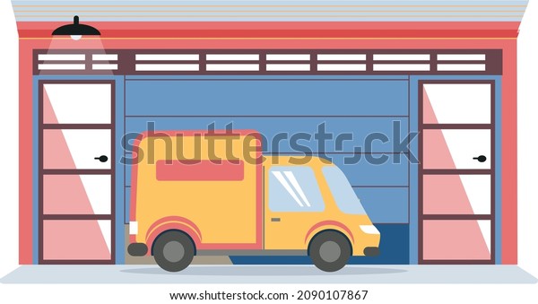 Garage with automatic gates. Vehicle storage\
space, room for freight transport inside house. Gates with lifting\
mechanism, place for automobile parking. Yellow truck near garage\
in modern building
