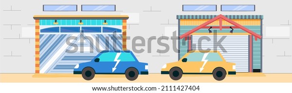 Garage with\
automatic gates. Vehicle storage space, room for cars inside house.\
Gates with lifting mechanism, place for automobile parking. Car\
near garage in modern residental\
building