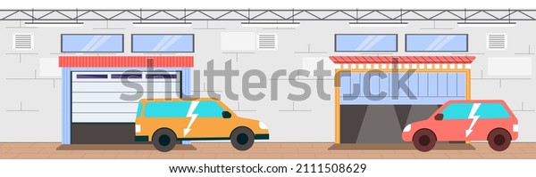 Garage with\
automatic gates. Vehicle storage space, room for cars inside house.\
Gates with lifting mechanism, place for automobile parking. Car\
near garage in modern residental\
building