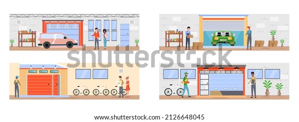 Garage with automatic gates. Vehicle storage\
space, room for cars. Gates with lifting mechanism, place for\
automobile parking. Set of illustrations about people choosing\
garage for different\
purposes
