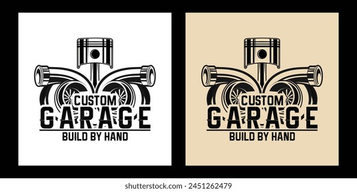 Garage Automotive Piston and Turbocharger Logo Badge Black and White Vintage Style