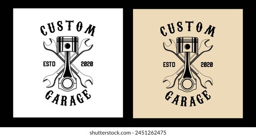 Garage Automotive Piston and Wrench Logo Badge Black and White Vintage Style