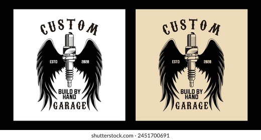 Garage Automotive Spark Plug with Wings Logo Badge Black and White Vintage Style