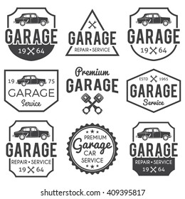 Garage badge/label set. Car repair logos. Vector vintage hipster logotypes. Auto service. For signage, prints and stamps.