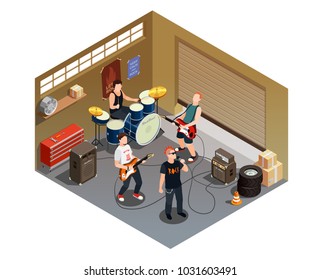 Garage band isometric composition with rock musicians and instruments including singer with microphone, drummer, guitarists vector illustration