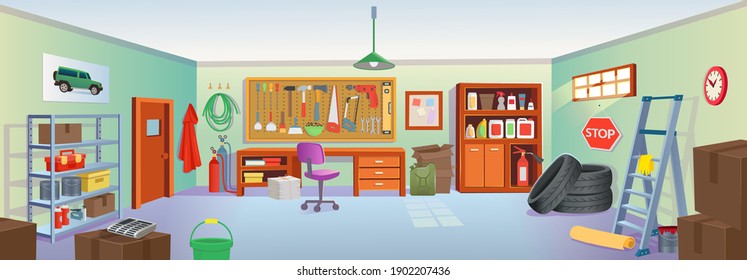 Garage or basement interior with tools, table, shelves, stepladder, boxes, tires.Vector cartoon game and mobile applications background.