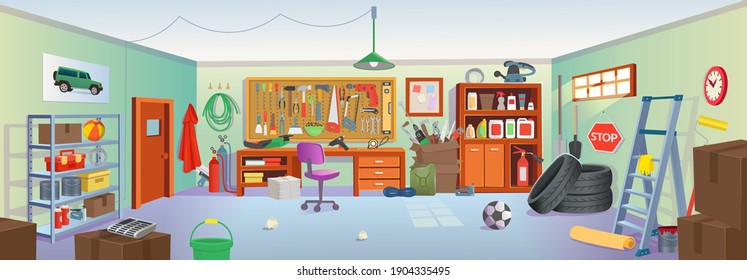 Garage or basement interior with tools, table, shelves, stepladder, boxes, tires.Vector cartoon game and mobile applications background.