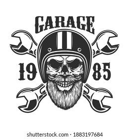 Garage. Bearded skull in racer helmet with crossed wrenches. Design element for logo, label, sign, emblem, poster, t shirt. Vector illustration