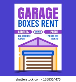 Garage Boxen vermieten kreativen Werbebanner Vektor. Garage-Gebäude mit Metalltüren, Miete von Werbung für Unternehmen Poster. Konstruktion zum Speichern des Vorlagenkonzepts mit Vorlagenfarben
