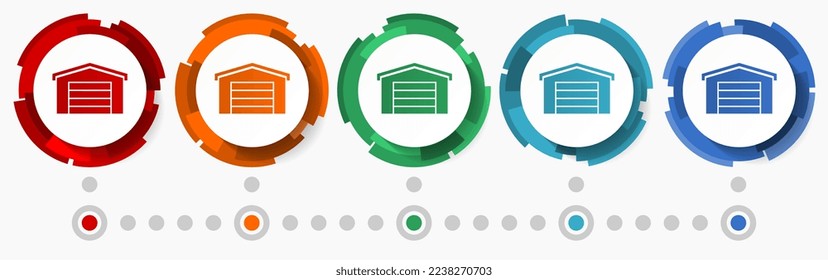 Garage, Baukonzept, Vektorsymbol-Set, moderne Design-abstrakte Web-Buttons in 5 Farboptionen, Infografik-Vorlage für Webdesign und mobile Apps