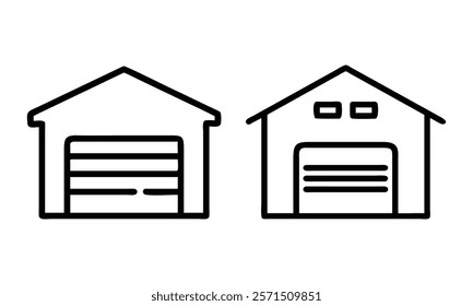 Garage building outline icons, Two black outline garage icons with roll-up doors and minimal features, representing storage, vehicle shelter, and architectural themes. 
