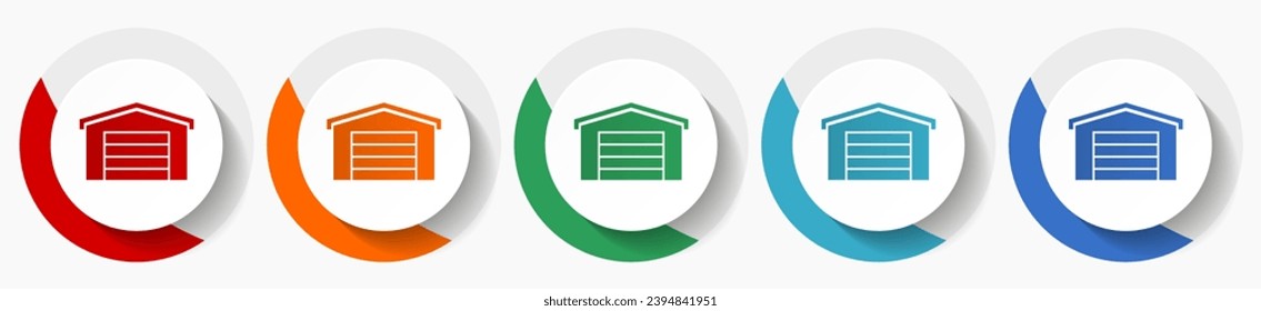 Garage building vector icon set, flat design colorful round icons in 5 color options for webdesign and mobile applications