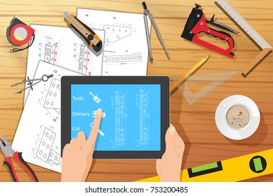 Garage business home tools on wood table top view