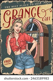 Garage cafe colorful vintage poster with cheerful woman standing near jukebox for playing music from vinyl records vector illustration