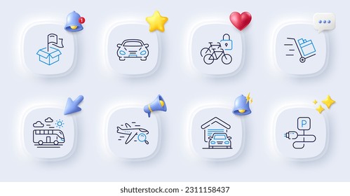 Iconos de la línea de guardarropas, coches y bicicletas. Botones con timbre 3d, discurso de chat, cursor. Paquete de vuelo de búsqueda, ubicación de entrega, icono de carro de inserción. Viaje en autobús, Pictograma de estacionamiento de carga. Vector