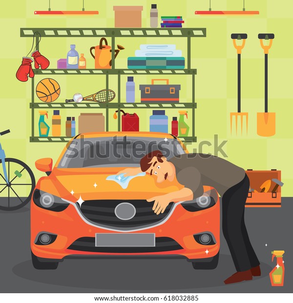 Garage with a car, a bicycle and tools hanging on the\
wall, a man washes a\
car