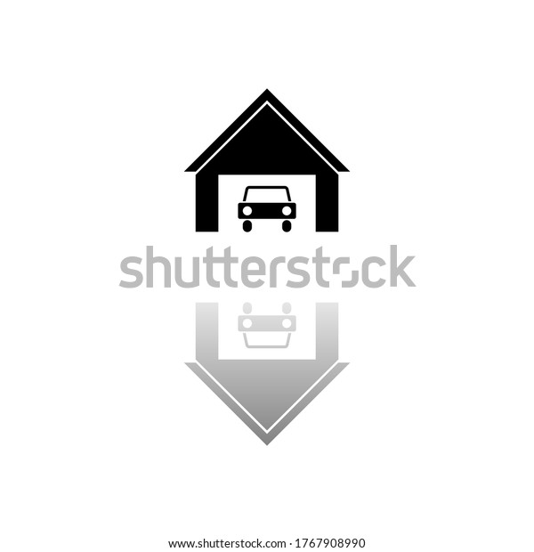 Garage car. Black symbol on\
white background. Simple illustration. Flat Vector Icon. Mirror\
Reflection Shadow. Can be used in logo, web, mobile and UI UX\
project
