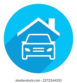 Garage with car. flat icon. long shadow design. blue background.