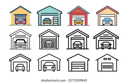 Garage and car icon collection, A set of colorful and outline icons featuring garages with parked cars, representing storage, vehicles, and home design themes. 
