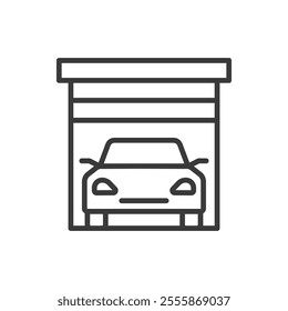 Garage for a car, icon in line design. Garage, car, vehicle, parking, space, home, building on white background vector. Garage for a car editable stroke icon