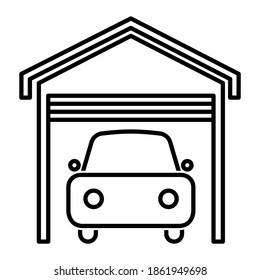 Garage with car icon in modern outline style design. Vector illustration isolated on white background.