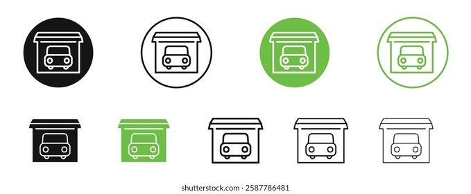 Garage car icons in black and green colors collection