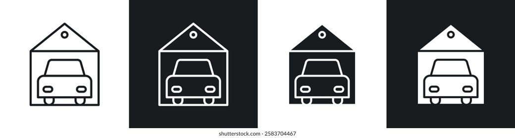 Garage car icons collection in black and white filled and line versions