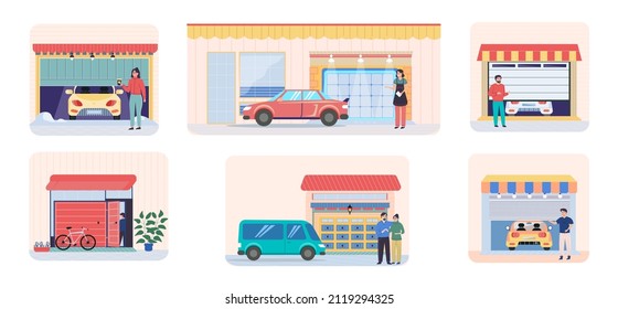 Garage with car inside. Vehicle storage space, room with automobile inside house. Set of illustratios wirh people standing near garage. Gates with lifting mechanism, place for automobile parking
