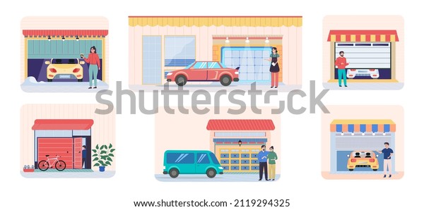 Garage with car inside. Vehicle storage space,\
room with automobile inside house. Set of illustratios wirh people\
standing near garage. Gates with lifting mechanism, place for\
automobile parking