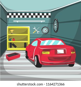 Garage Car Interior with helm, red tool box, air pump, screwdriver, motorcycle tire, trophy for Cartoon Vector Illustration