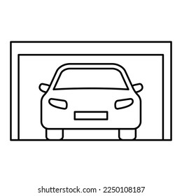 Garage with car. Open line garage door. Vector illustration isolated on white.