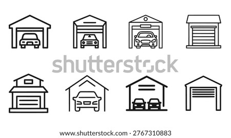 Garage and car silhouette icon set in vector style showing building, vehicle, and storage designs. EPS Vector.