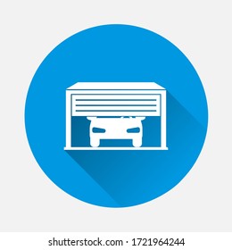 Garage with car vector icon on blue background. Flat image with long shadow.