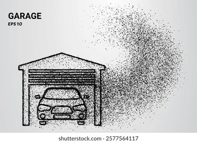 A garage composed of small circles and dots, with particles swirling around it. Vector illustration.