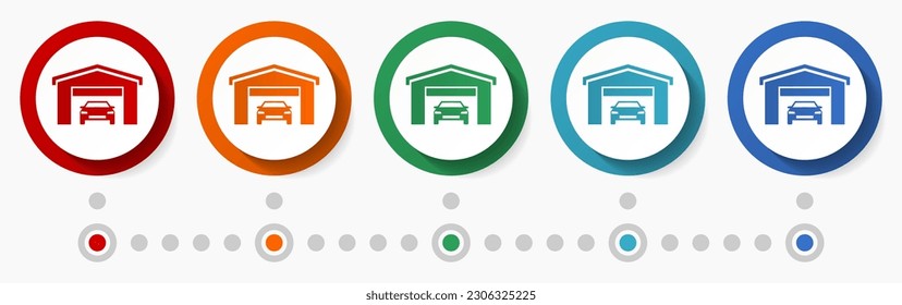 Garage concept vector icon set, infographic template, flat design circle colorful web buttons in 5 color options