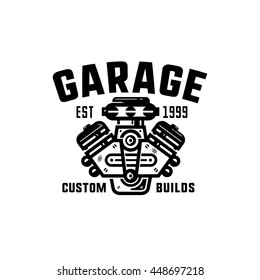 Garage, custom builds retro style logo. Engine sign.