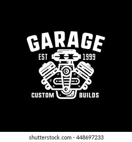 Garage, custom builds retro style logo. Engine sign.