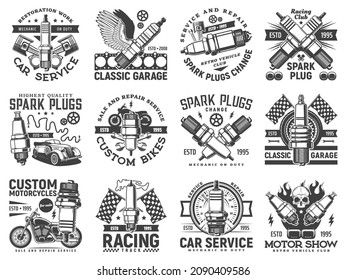 Garage custom motor icons, motorcycle and car races, vector mechanic service emblems. Garage custom repair and restoration service for cars and bikes, racing club and retro motors drive show - Shutterstock ID 2090409586