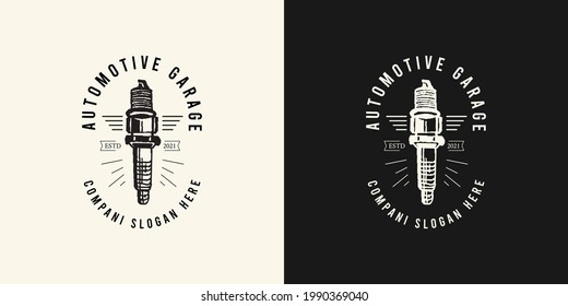 Garage design logo concept. Piston spark plug vector illustrations.