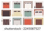 Garage door gates flat icons set. Wooden, metal and glass mechanized doors in car park. Colorful architectural house elements. Warehouse for personal using. Color isolated illustrations