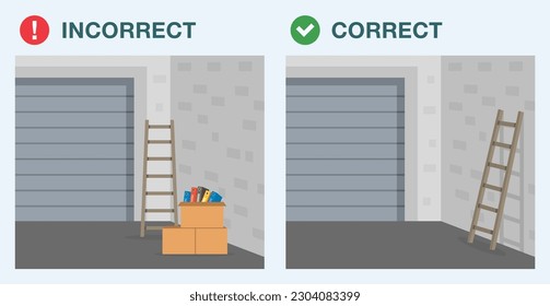 Garage door safety tips   rules  Correct   incorrect placement household items in garage  Don't leave objects close to underneath garage door  Flat vector illustration template 